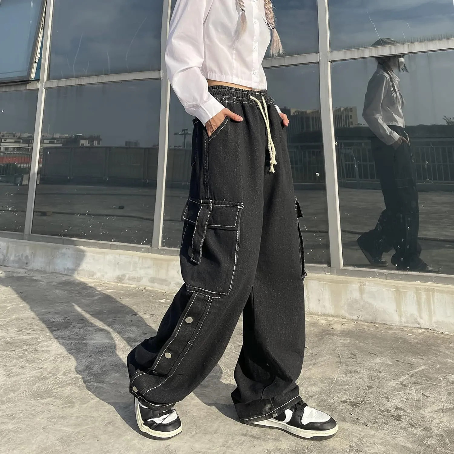 Baggy Jeans for Women High Waist Y2K Boyfriend Casual Loose Wide Leg Drawstring Cargo Pants with Pockets