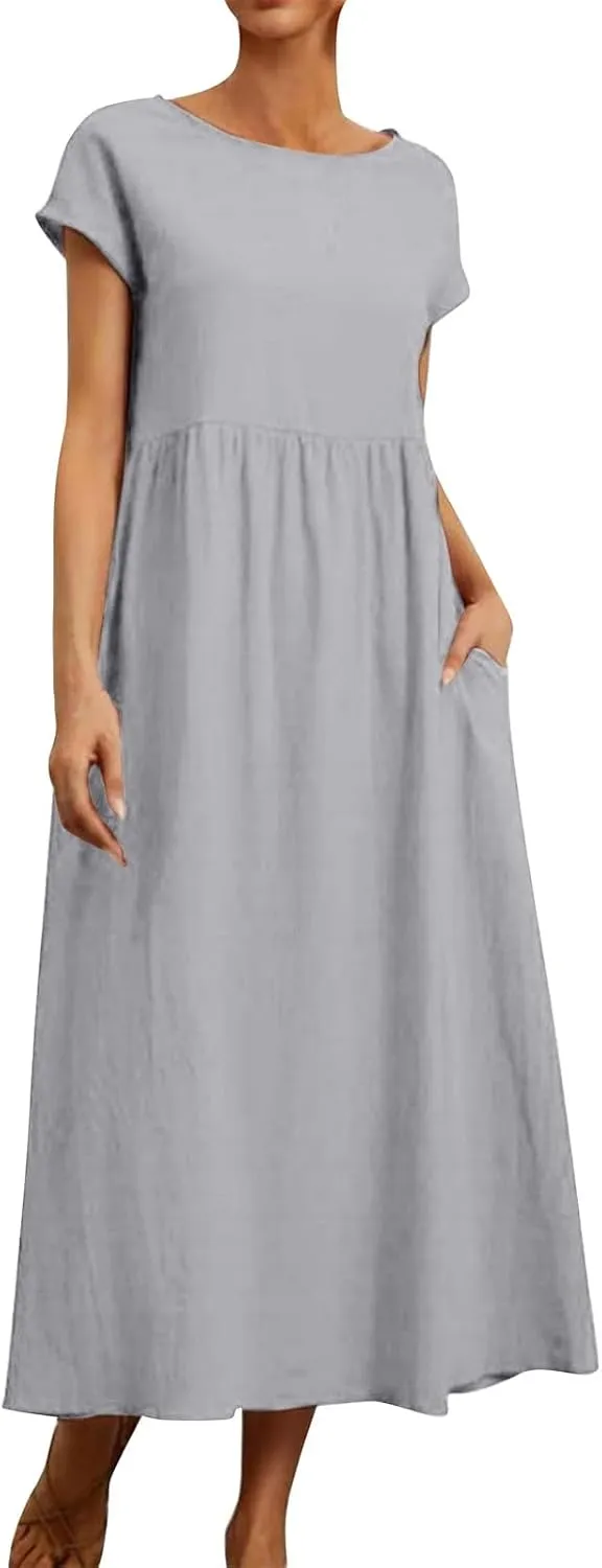 Baggy Linen Dresses for Women Summer Short Sleeve Crewneck A Line Dress Tunic Beach Swing Maxi Dresses with Pockets