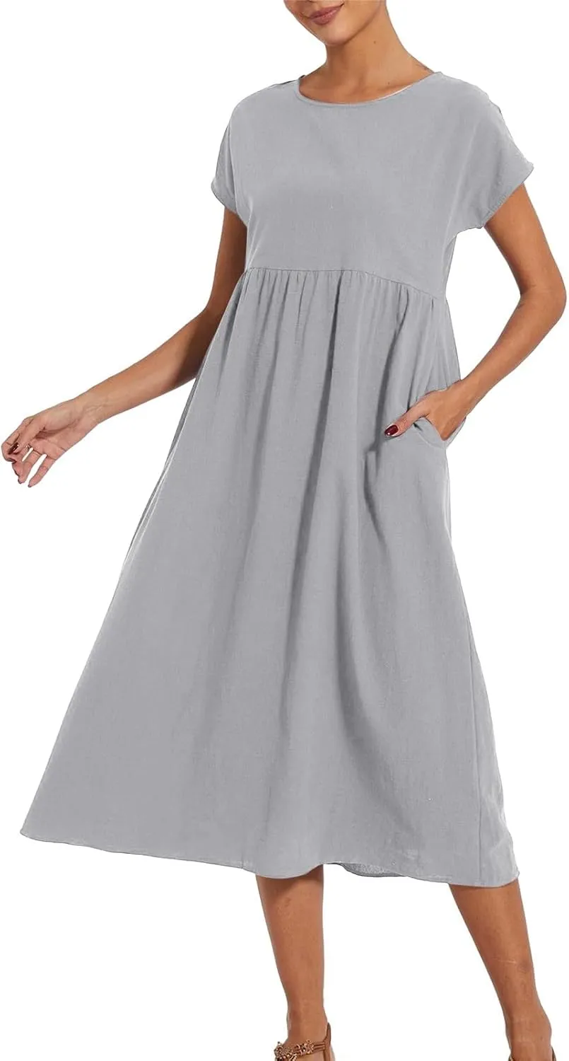 Baggy Linen Dresses for Women Summer Short Sleeve Crewneck A Line Dress Tunic Beach Swing Maxi Dresses with Pockets