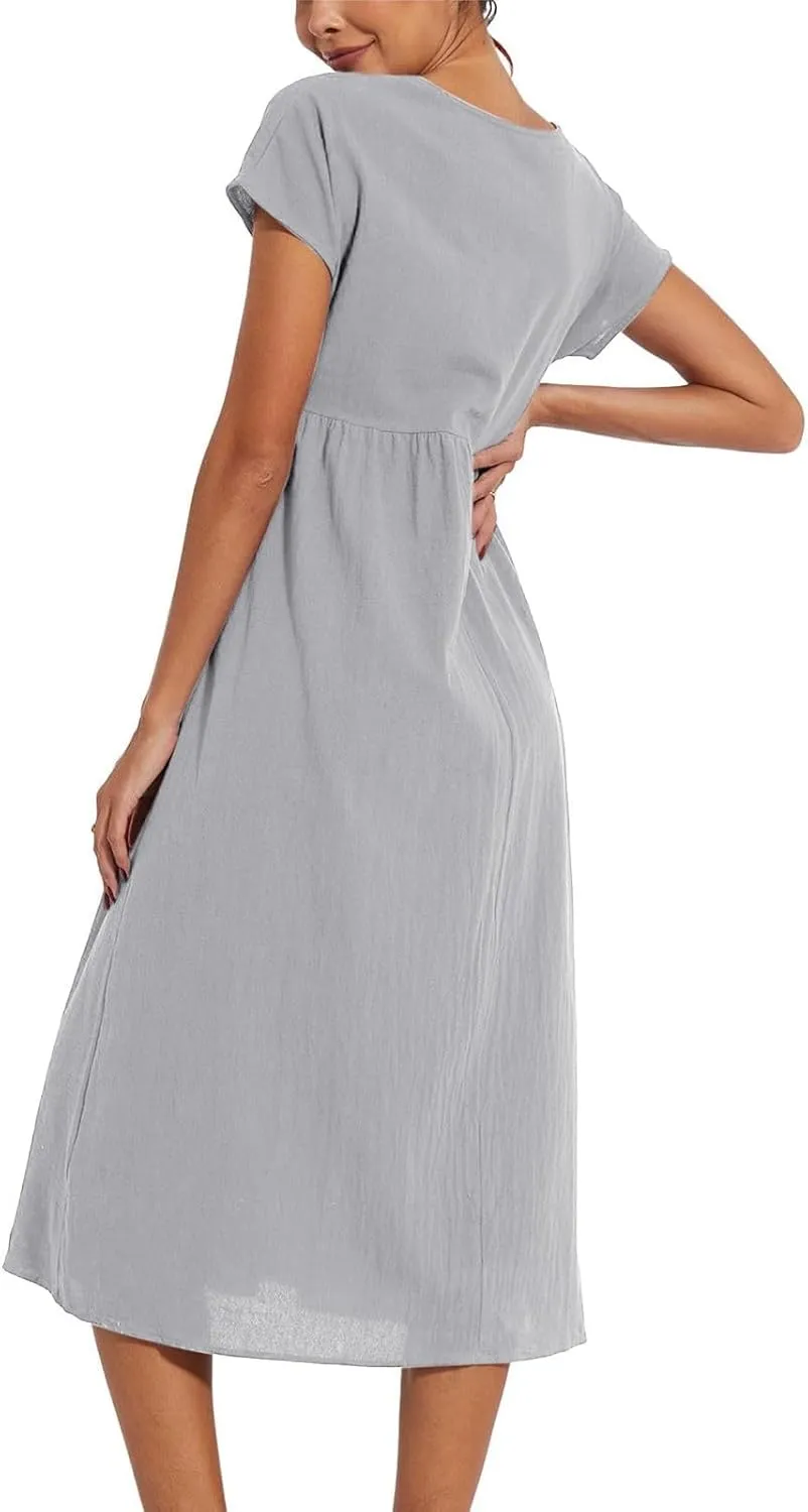 Baggy Linen Dresses for Women Summer Short Sleeve Crewneck A Line Dress Tunic Beach Swing Maxi Dresses with Pockets