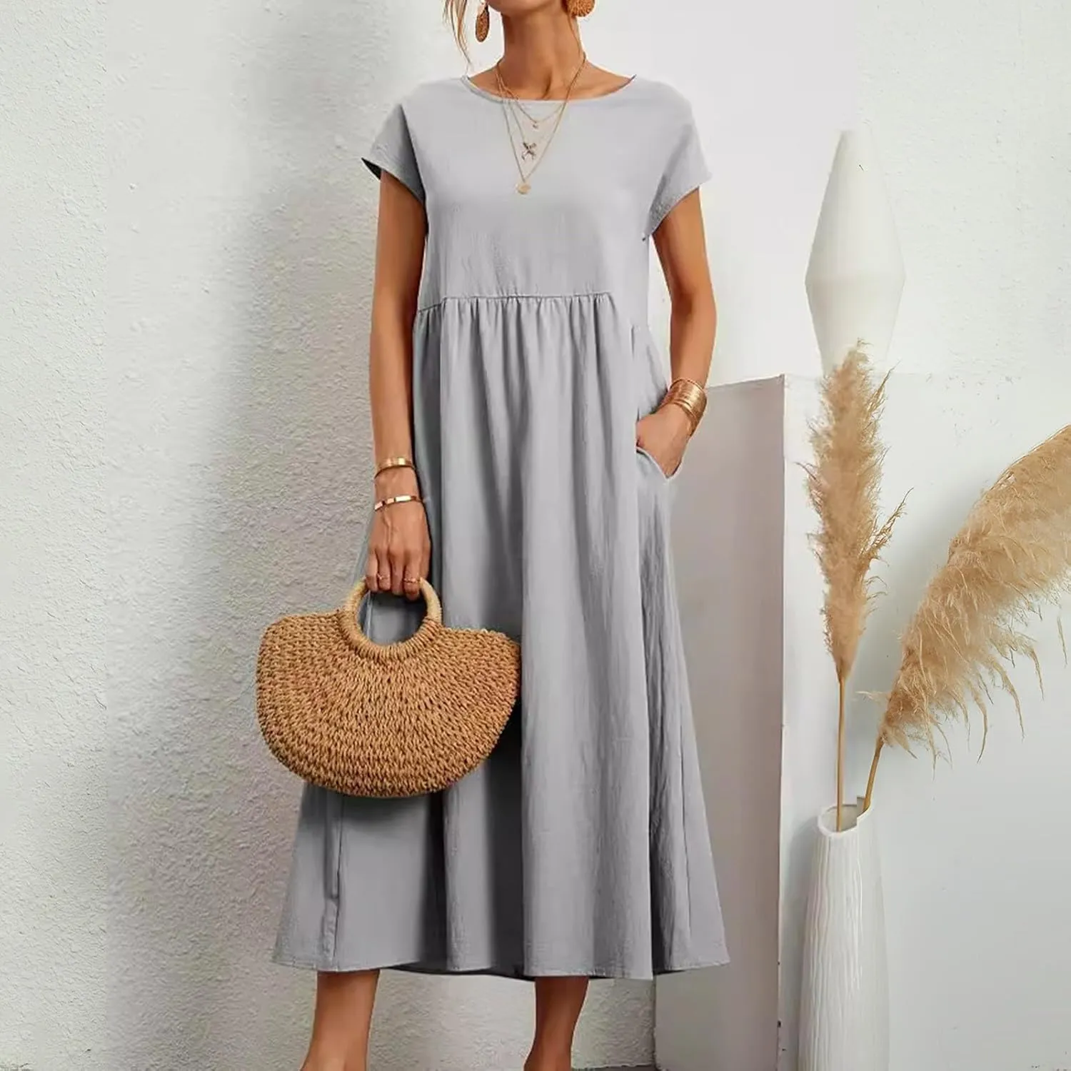 Baggy Linen Dresses for Women Summer Short Sleeve Crewneck A Line Dress Tunic Beach Swing Maxi Dresses with Pockets
