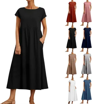 Baggy Linen Dresses for Women Summer Short Sleeve Crewneck A Line Dress Tunic Beach Swing Maxi Dresses with Pockets
