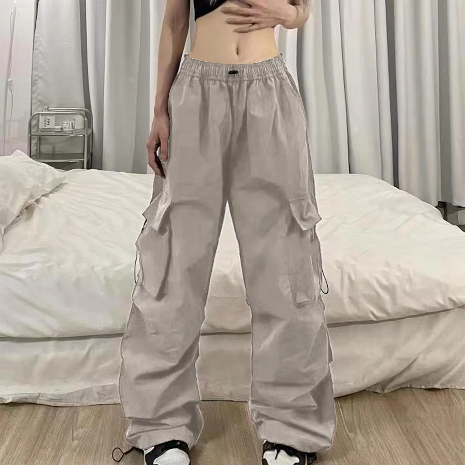 Baggy Parachute Pants for Women Elastic High Waist Lounge Cargo Pants Multiple Pockets Jogger Y2K Quick Dry Pant