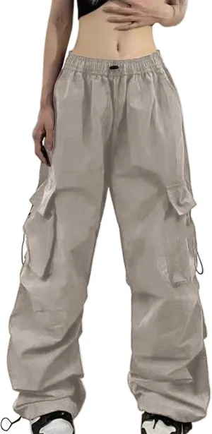 Baggy Parachute Pants for Women Elastic High Waist Lounge Cargo Pants Multiple Pockets Jogger Y2K Quick Dry Pant