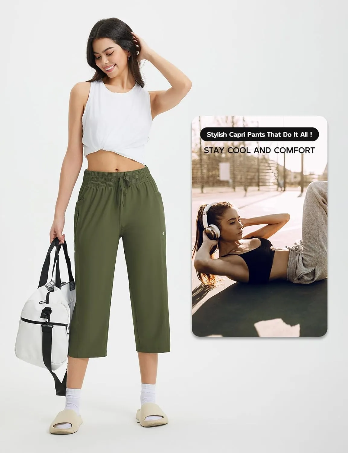 baleaf Women's Athletic Capri Pants Lightweight Quick Dry Stretch Zipper Pocket Travel Casual Outdoor UPF 50 
