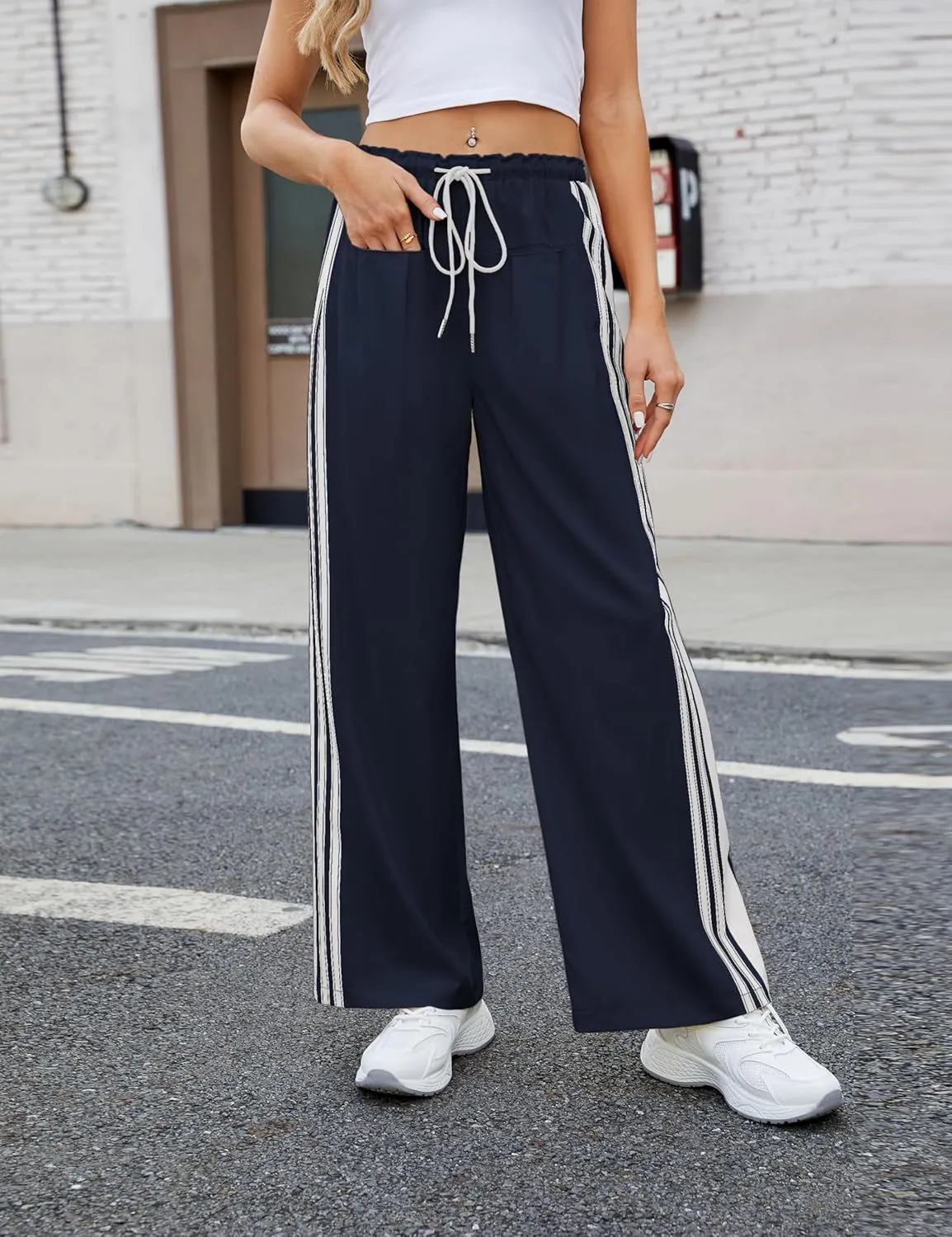 Bankeng Womens Side Striped Pants Wide Leg Drawstring High Waist Sweatpants Hudson Canyon Stripe Pants with Pockets