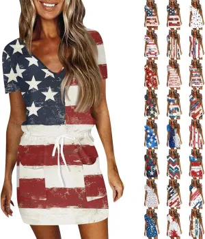 BAXLIMEK 4Th of July Dress Women,2025 Summer Trendy American Flag Mini Dress Casual V Neck Short Sleeve T Shirt Sundress