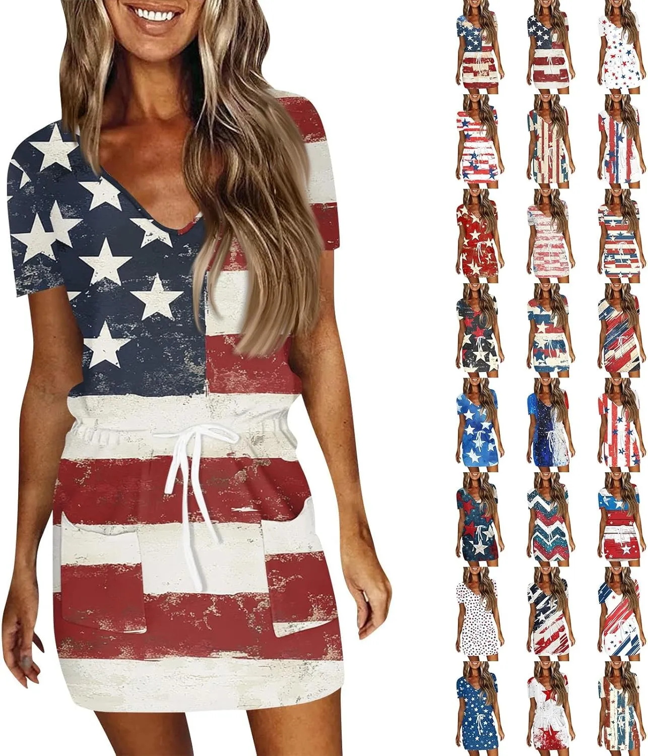 BAXLIMEK 4Th of July Dress Women,2025 Summer Trendy American Flag Mini Dress Casual V Neck Short Sleeve T Shirt Sundress