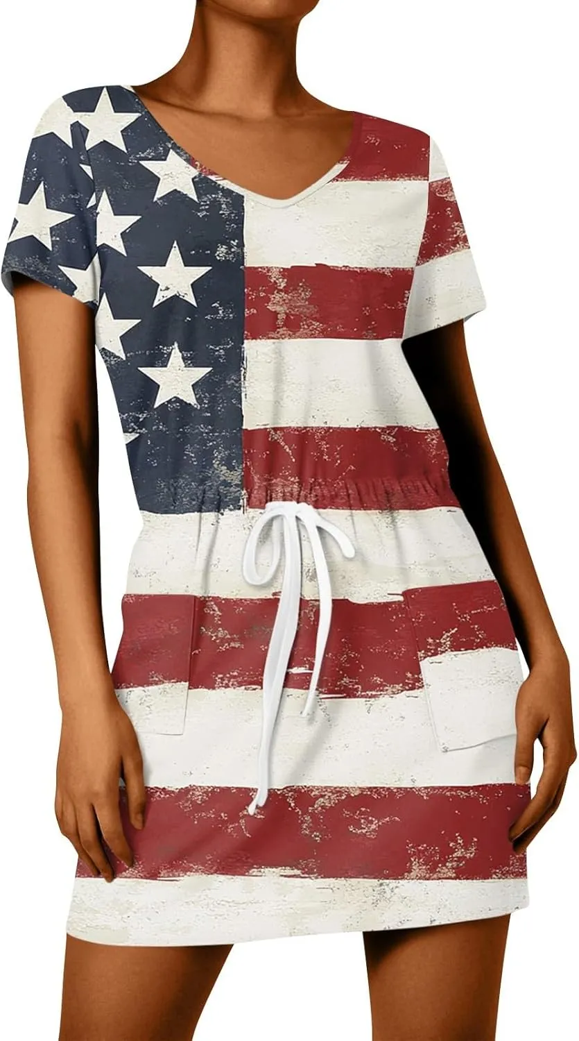 BAXLIMEK 4Th of July Dress Women,2025 Summer Trendy American Flag Mini Dress Casual V Neck Short Sleeve T Shirt Sundress