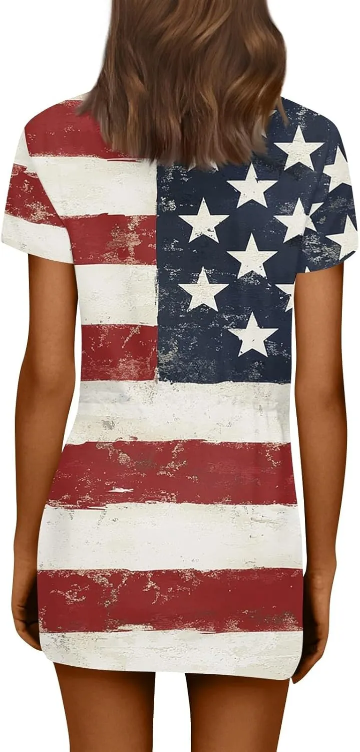 BAXLIMEK 4Th of July Dress Women,2025 Summer Trendy American Flag Mini Dress Casual V Neck Short Sleeve T Shirt Sundress
