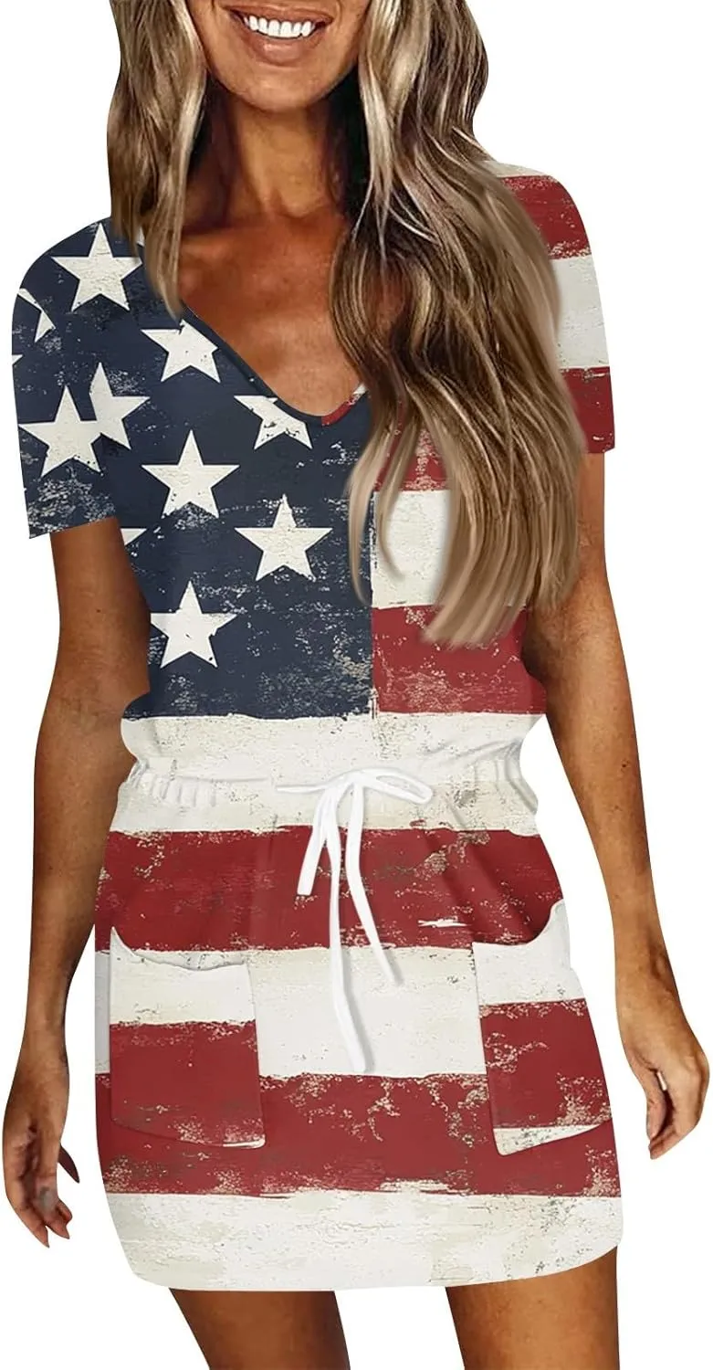 BAXLIMEK 4Th of July Dress Women,2025 Summer Trendy American Flag Mini Dress Casual V Neck Short Sleeve T Shirt Sundress