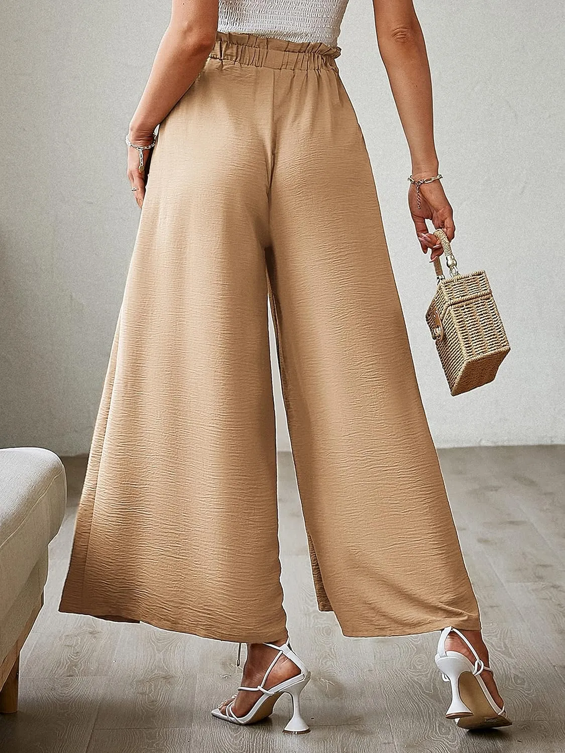 BerryGo Women's Boho Linen Flowy High Waisted Pants Elegant Split Stripe Wide Leg Pants
