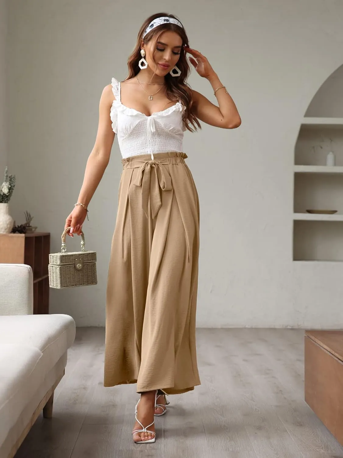 BerryGo Women's Boho Linen Flowy High Waisted Pants Elegant Split Stripe Wide Leg Pants