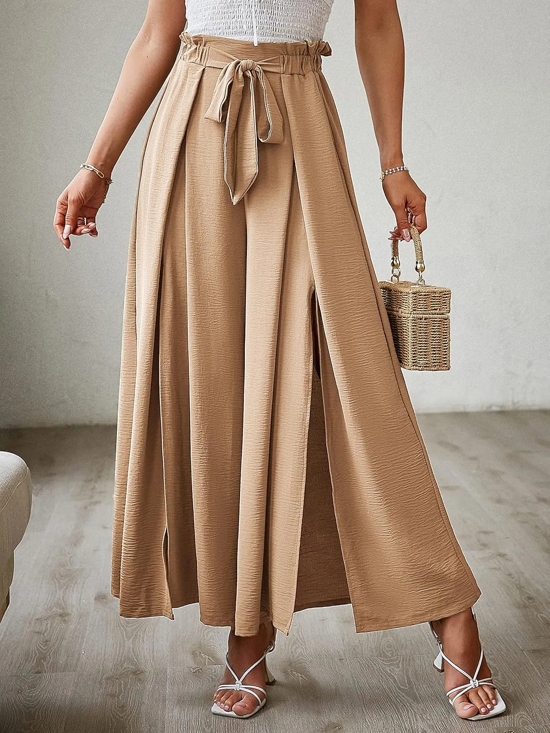 BerryGo Women's Boho Linen Flowy High Waisted Pants Elegant Split Stripe Wide Leg Pants