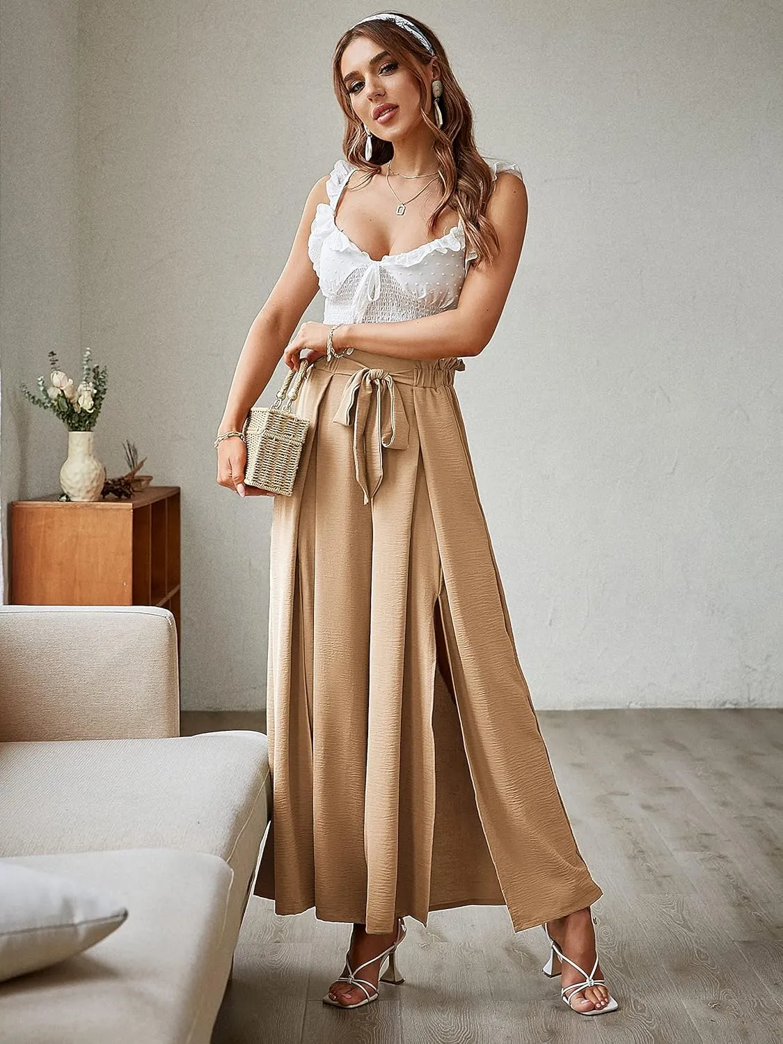 BerryGo Women's Boho Linen Flowy High Waisted Pants Elegant Split Stripe Wide Leg Pants