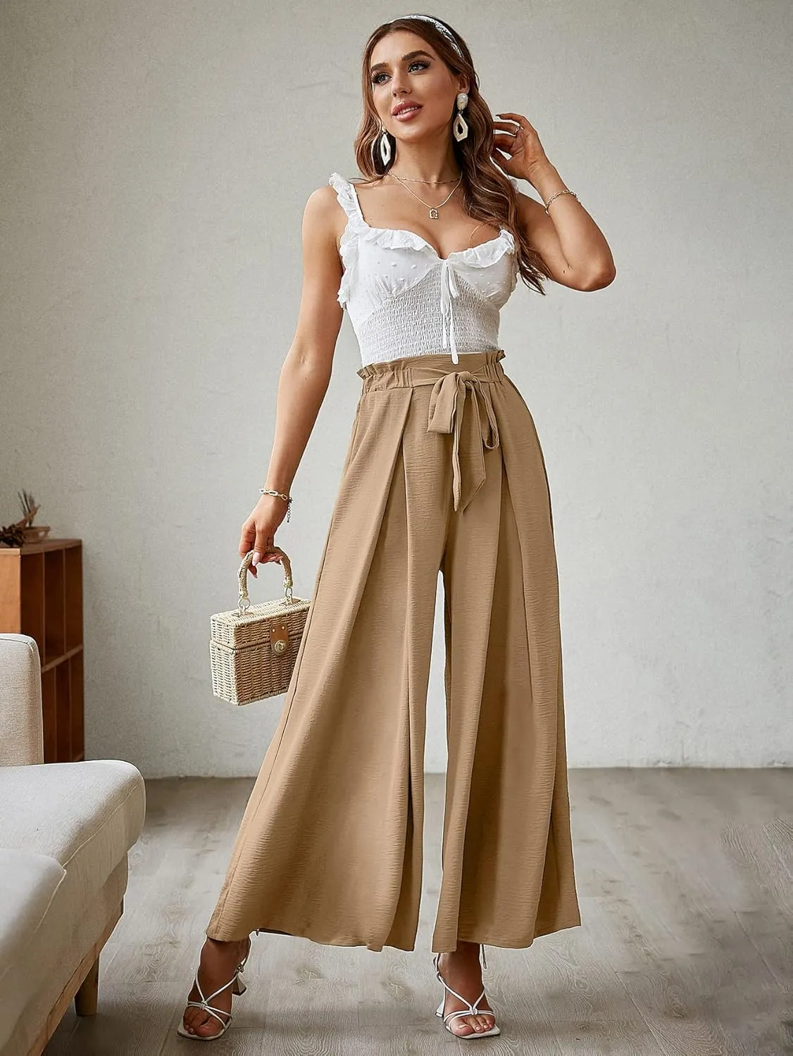 BerryGo Women's Boho Linen Flowy High Waisted Pants Elegant Split Stripe Wide Leg Pants