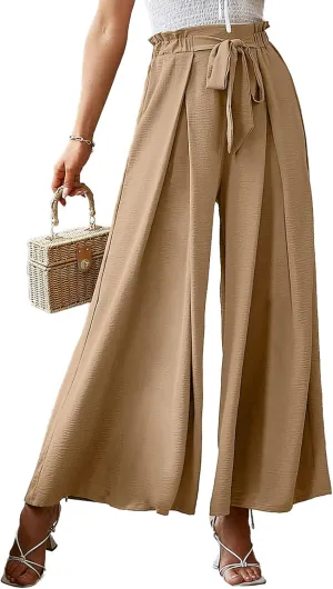 BerryGo Women's Boho Linen Flowy High Waisted Pants Elegant Split Stripe Wide Leg Pants