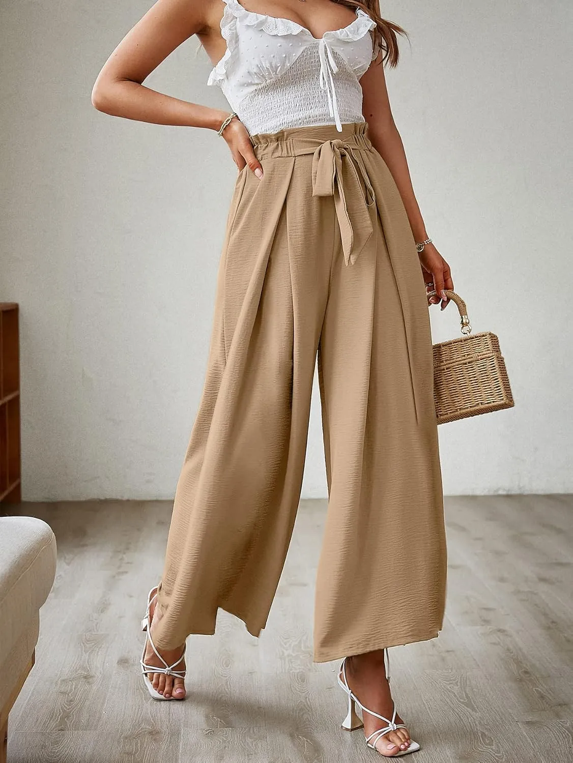 BerryGo Women's Boho Linen Flowy High Waisted Pants Elegant Split Stripe Wide Leg Pants