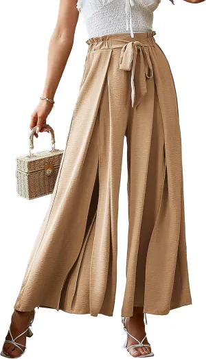 BerryGo Women's Boho Linen Flowy High Waisted Pants Elegant Split Stripe Wide Leg Pants