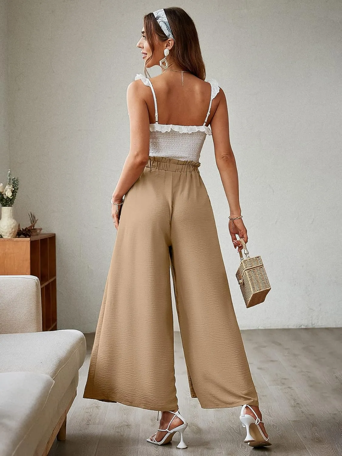 BerryGo Women's Boho Linen Flowy High Waisted Pants Elegant Split Stripe Wide Leg Pants