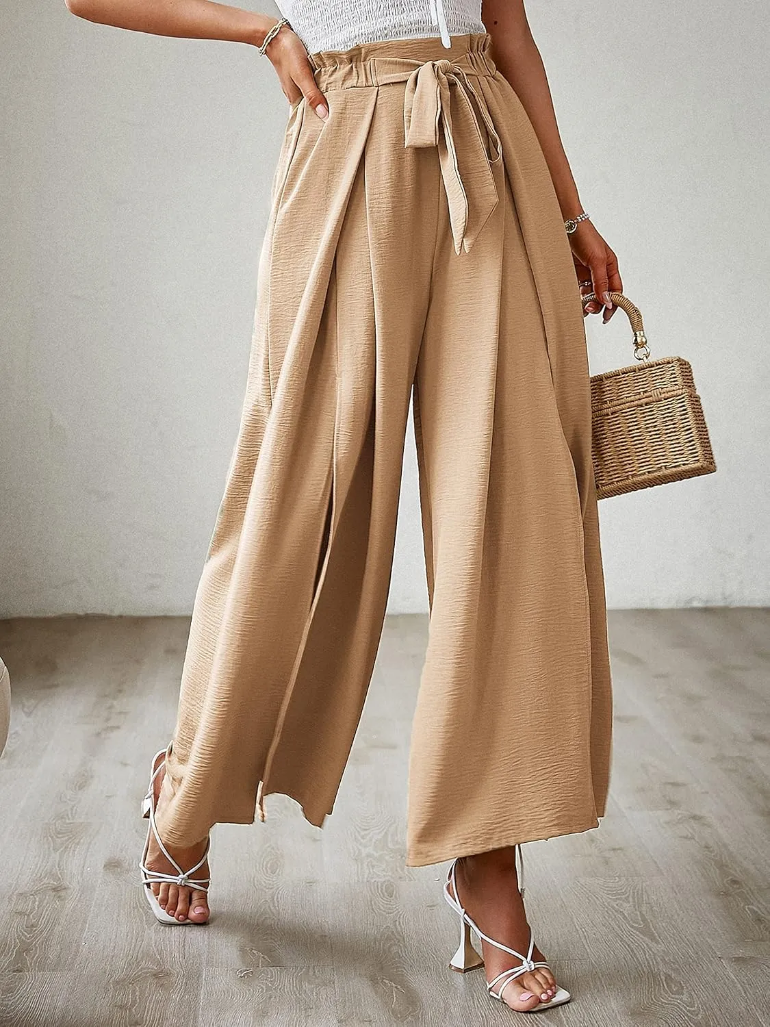 BerryGo Women's Boho Linen Flowy High Waisted Pants Elegant Split Stripe Wide Leg Pants