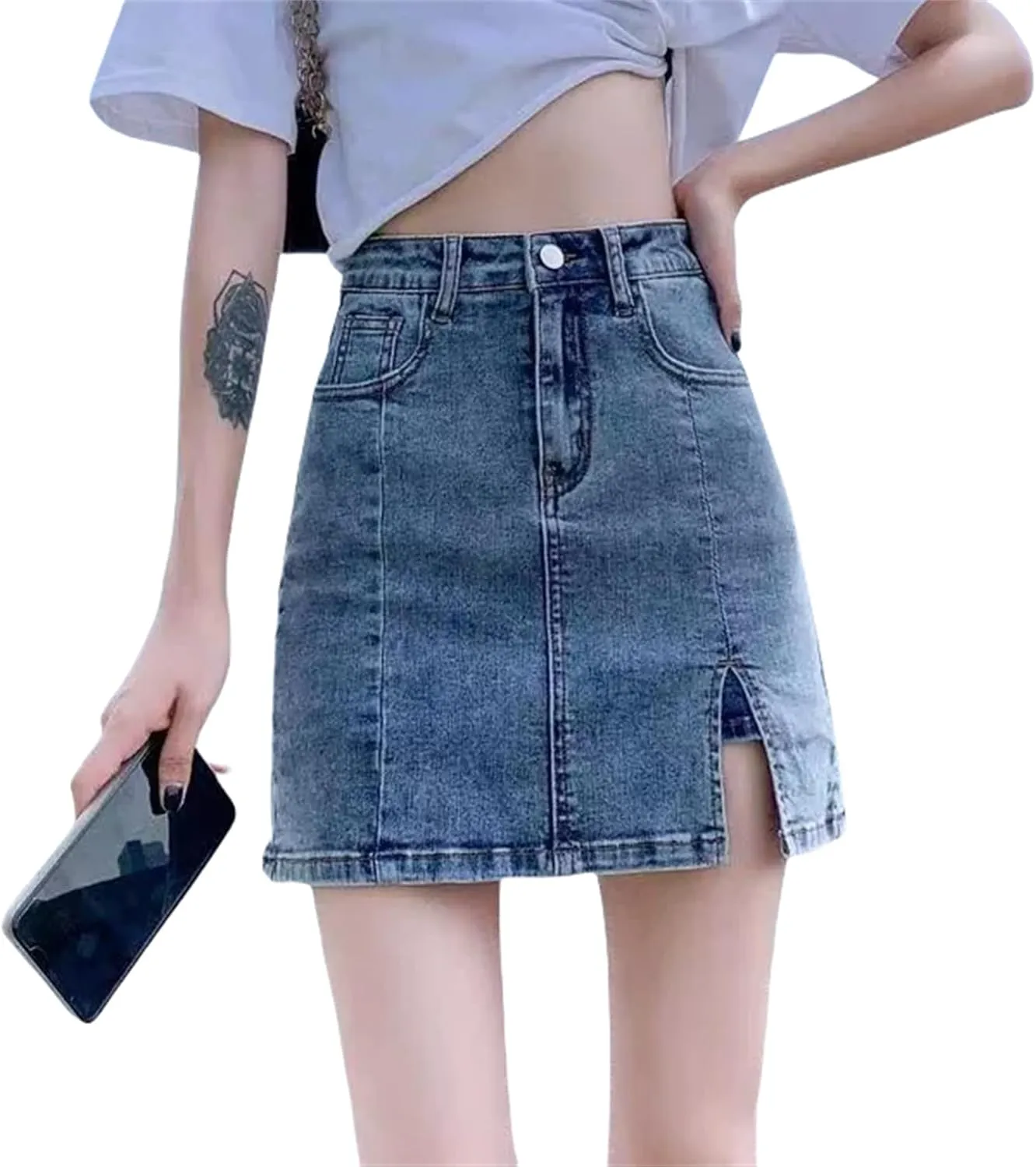BloomySkorts Jean Skorts for Woman High Waisted Trendy Slit Mini Stretchy Denim Skirt Casual Zip Fly Denim with Shorts