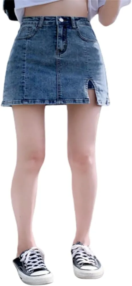 BloomySkorts Jean Skorts for Woman High Waisted Trendy Slit Mini Stretchy Denim Skirt Casual Zip Fly Denim with Shorts