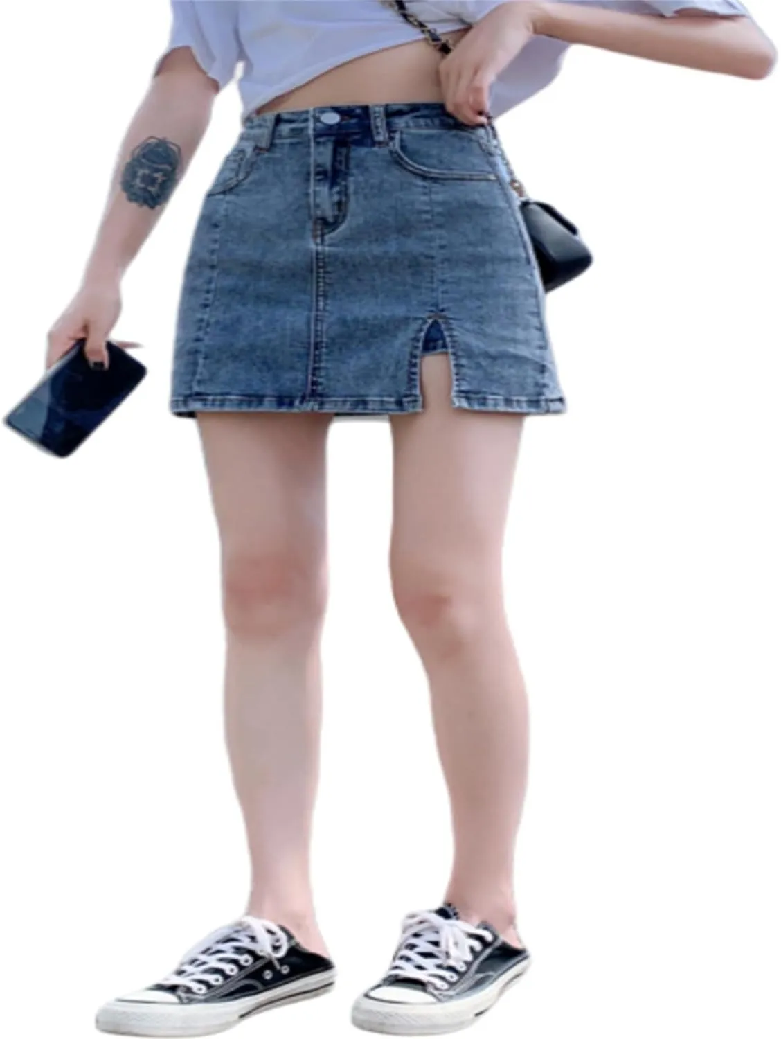 BloomySkorts Jean Skorts for Woman High Waisted Trendy Slit Mini Stretchy Denim Skirt Casual Zip Fly Denim with Shorts