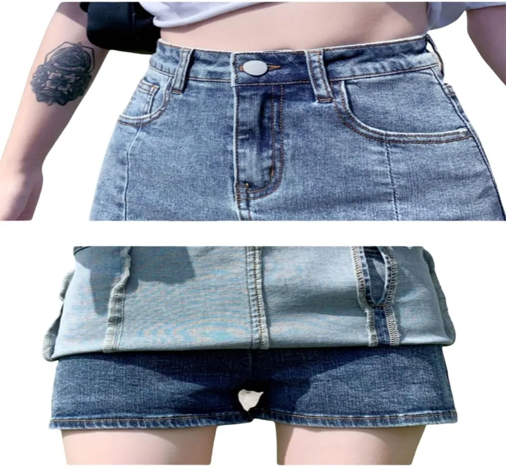 BloomySkorts Jean Skorts for Woman High Waisted Trendy Slit Mini Stretchy Denim Skirt Casual Zip Fly Denim with Shorts
