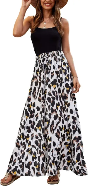 Bluetime Women Flowy Long Skirts Summer Beach Pleated Elastic High Waisted Casual Maxi Skirts