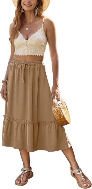 Bluetime Women Flowy Midi Skirt Summer Beach Pleated Elastic High Waisted A Line Tiered Skirt