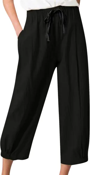 BOFETA Women Casual Cotton and Linen Pants Solid Color Cropped Trousers Elastic Waist Loose Pant