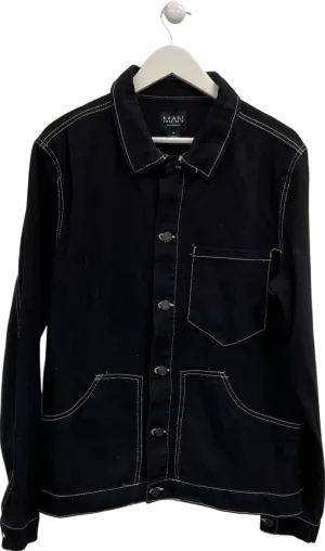 boohooMan Black Twill Western Contrast Stitch Over-shirt UK M