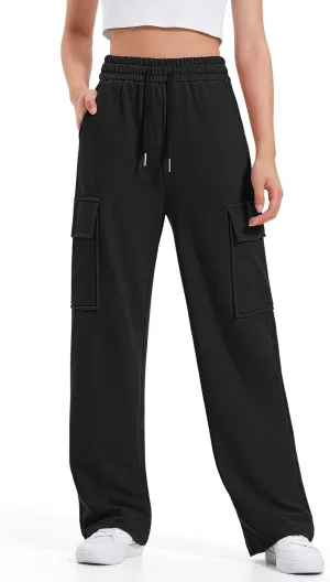 BOOPH Girls Sweatpants Kids Drawstring Cargo Pants Teen Girls Wide Leg Joggers Pants with Pockets