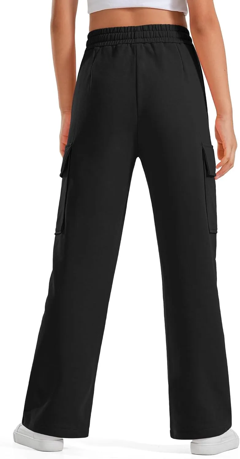 BOOPH Girls Sweatpants Kids Drawstring Cargo Pants Teen Girls Wide Leg Joggers Pants with Pockets