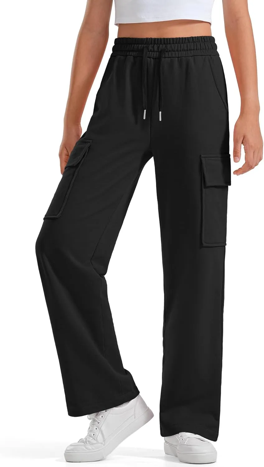 BOOPH Girls Sweatpants Kids Drawstring Cargo Pants Teen Girls Wide Leg Joggers Pants with Pockets