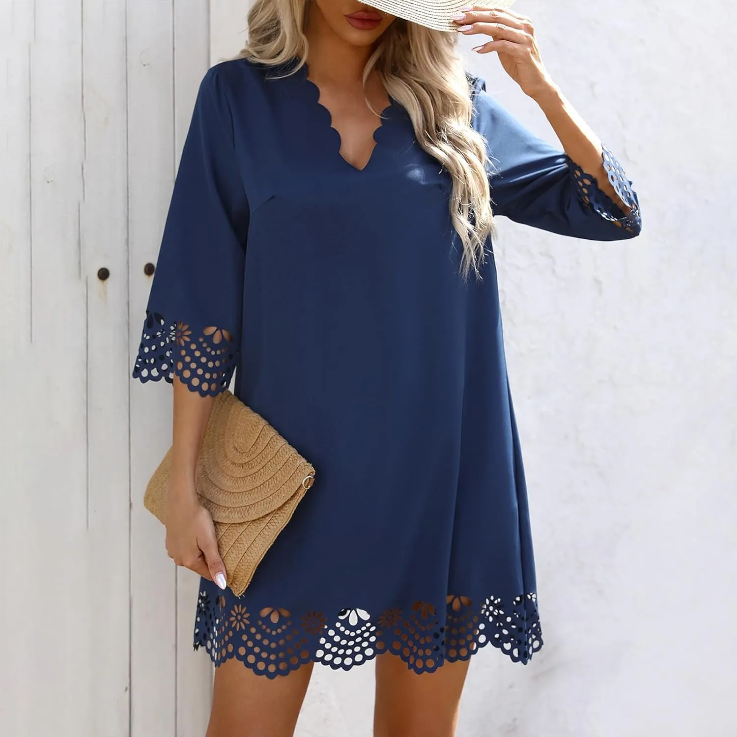 Borniu Women's 3/4 Sleeve Mini Dress 2025 Summer Beach Scallop Neck Hollow Out Eyelet Ruffle A Line Swing Short Dresses