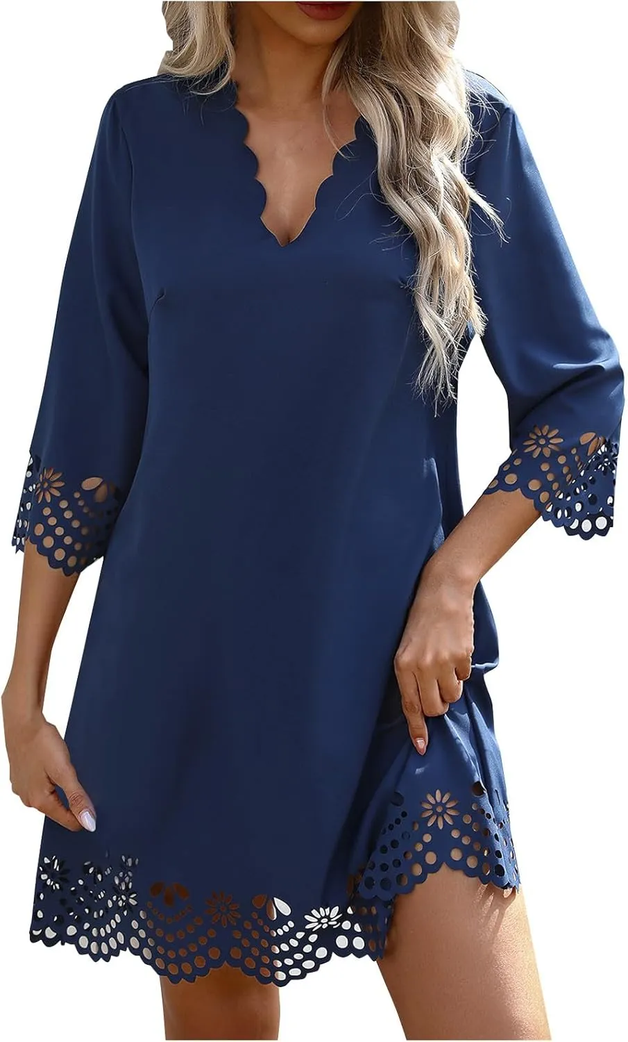 Borniu Women's 3/4 Sleeve Mini Dress 2025 Summer Beach Scallop Neck Hollow Out Eyelet Ruffle A Line Swing Short Dresses