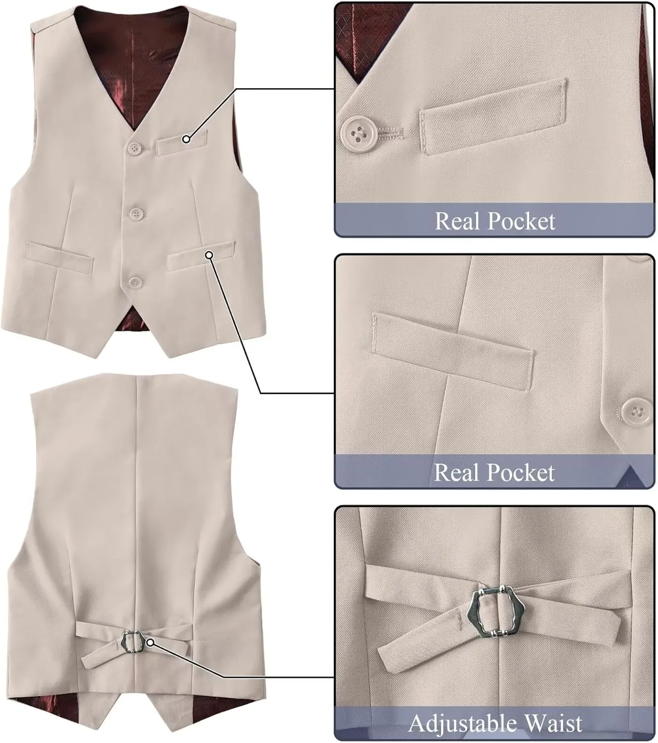 Boy's Suit Formal Slim Fit 5 Pieces Suit Set Blazer Vest Pants with Adjustable Waist Shirt with Tie