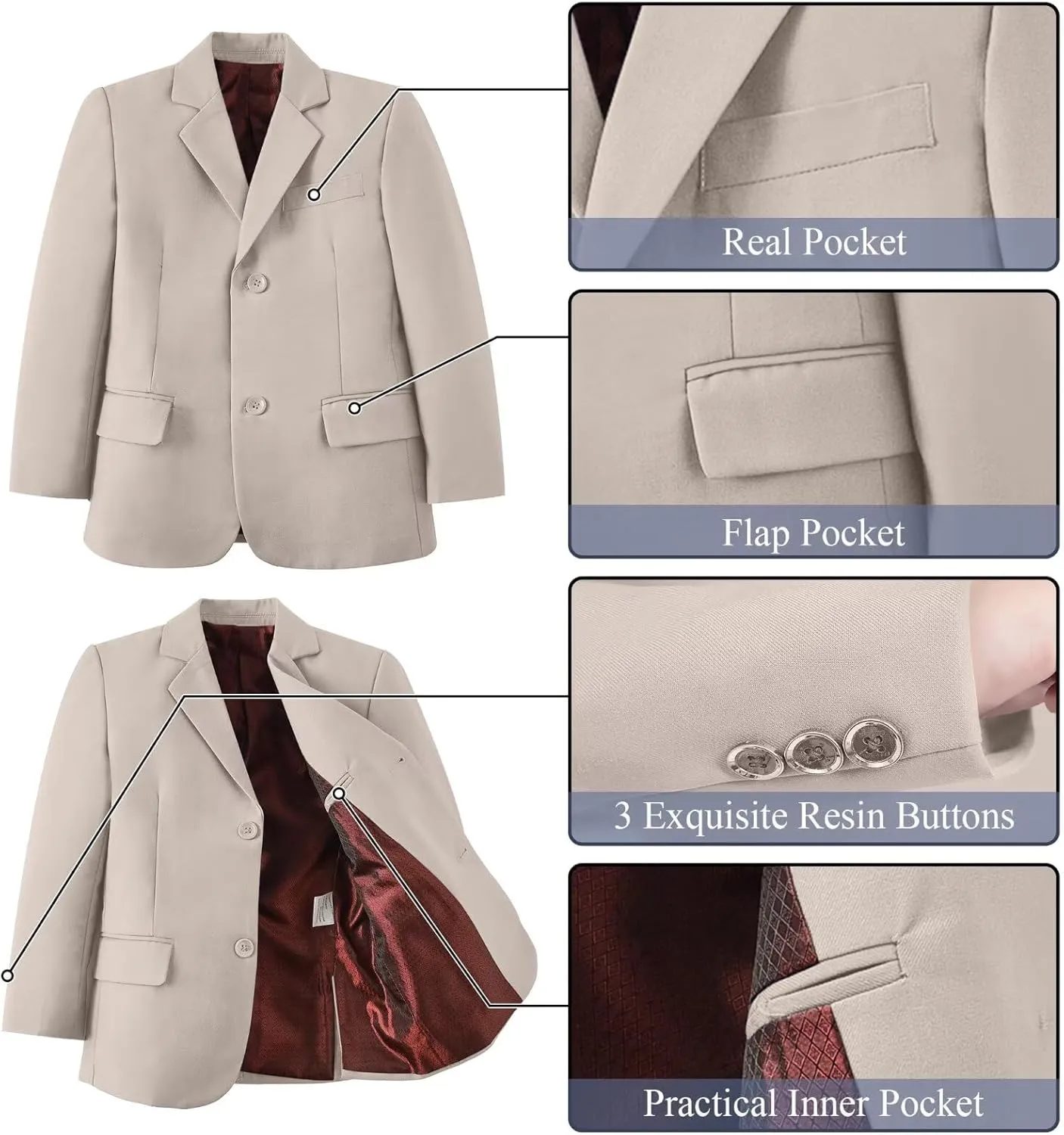 Boy's Suit Formal Slim Fit 5 Pieces Suit Set Blazer Vest Pants with Adjustable Waist Shirt with Tie