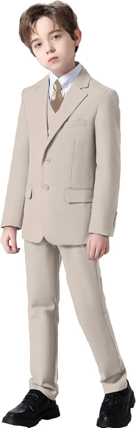 Boy's Suit Formal Slim Fit 5 Pieces Suit Set Blazer Vest Pants with Adjustable Waist Shirt with Tie