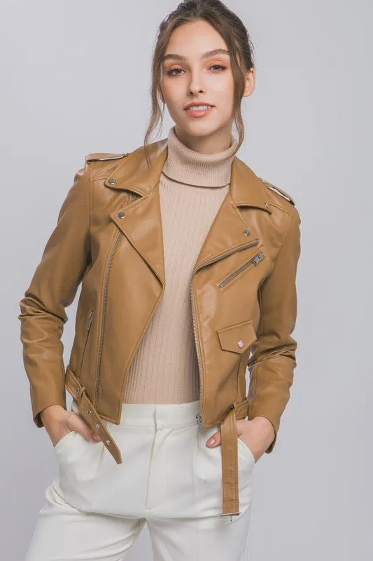 Camel Faux Leather Zip Up Biker Jacket