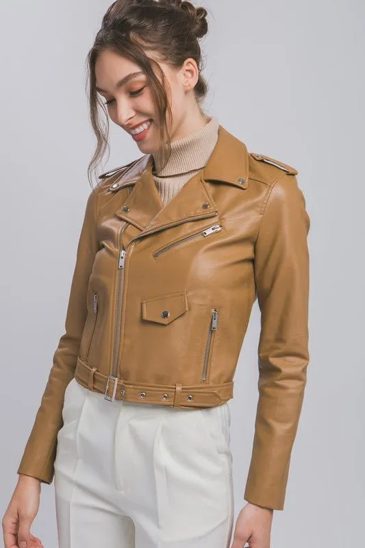 Camel Faux Leather Zip Up Biker Jacket