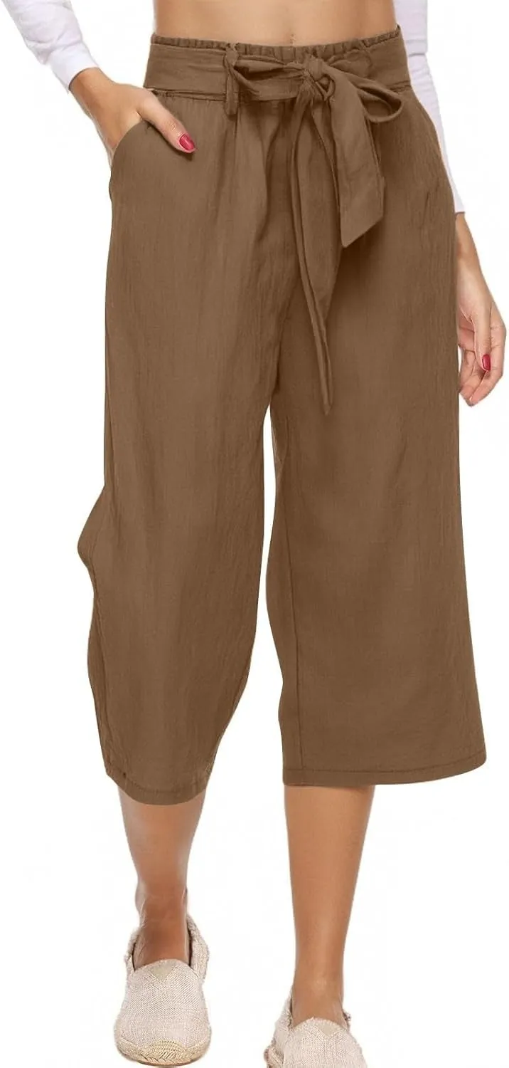Capri Pants for Women Casual Wide Leg Linen Pants Elastic Waist Tie Belt Straight Leg Drawstring Trousers with Pockets