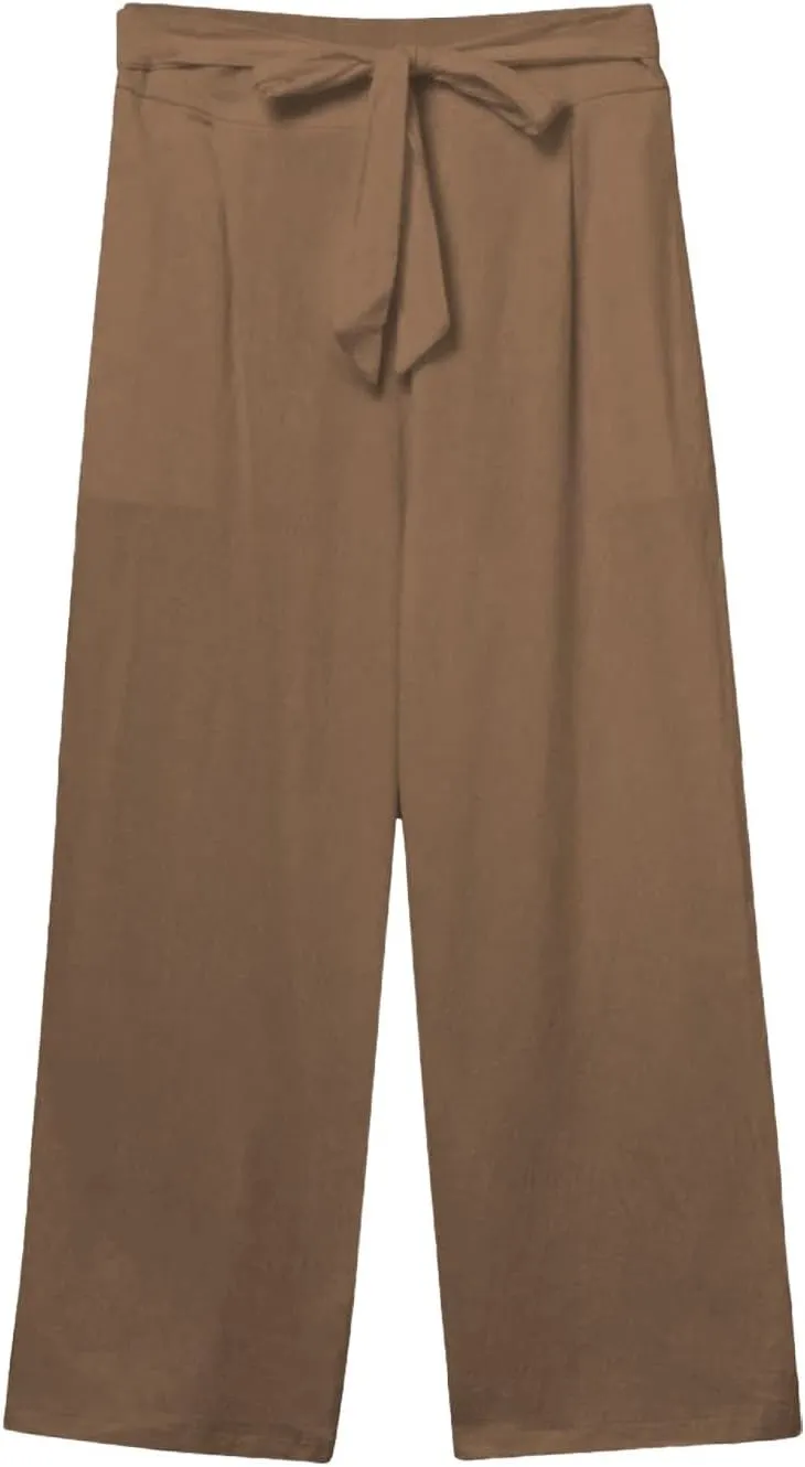 Capri Pants for Women Casual Wide Leg Linen Pants Elastic Waist Tie Belt Straight Leg Drawstring Trousers with Pockets