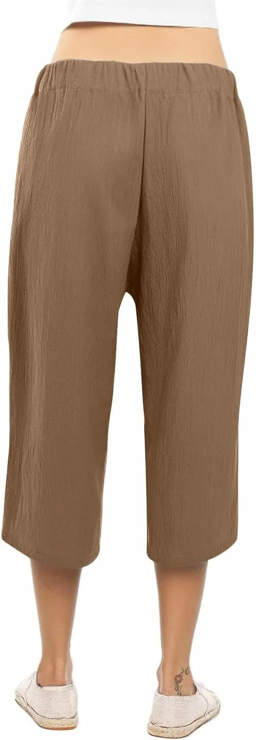 Capri Pants for Women Casual Wide Leg Linen Pants Elastic Waist Tie Belt Straight Leg Drawstring Trousers with Pockets