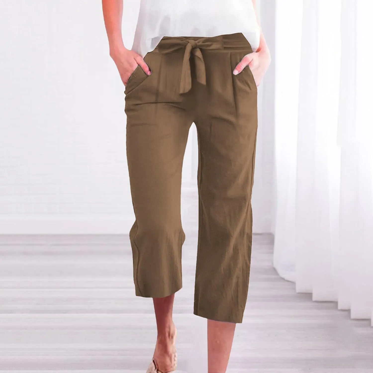 Capri Pants for Women Casual Wide Leg Linen Pants Elastic Waist Tie Belt Straight Leg Drawstring Trousers with Pockets