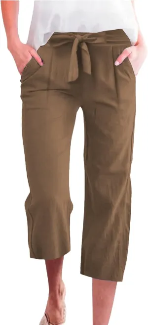 Capri Pants for Women Casual Wide Leg Linen Pants Elastic Waist Tie Belt Straight Leg Drawstring Trousers with Pockets