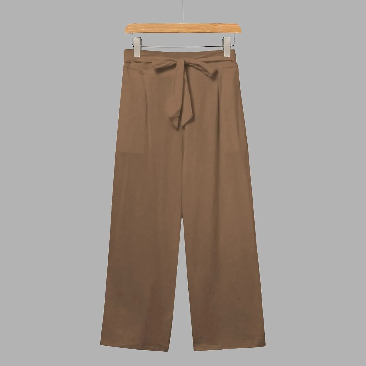 Capri Pants for Women Casual Wide Leg Linen Pants Elastic Waist Tie Belt Straight Leg Drawstring Trousers with Pockets