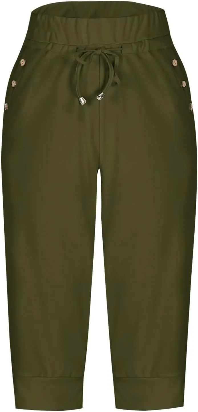 Capri Pants for Women High Waisted Drawstring Trousers Stretch Lightweight Hiking Pant Capri Joggers with Pockets